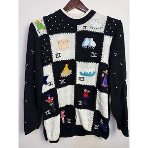 Planet & Company Retro Women's Christmas Sweater 2x Twelve Days Theme Beaded‎